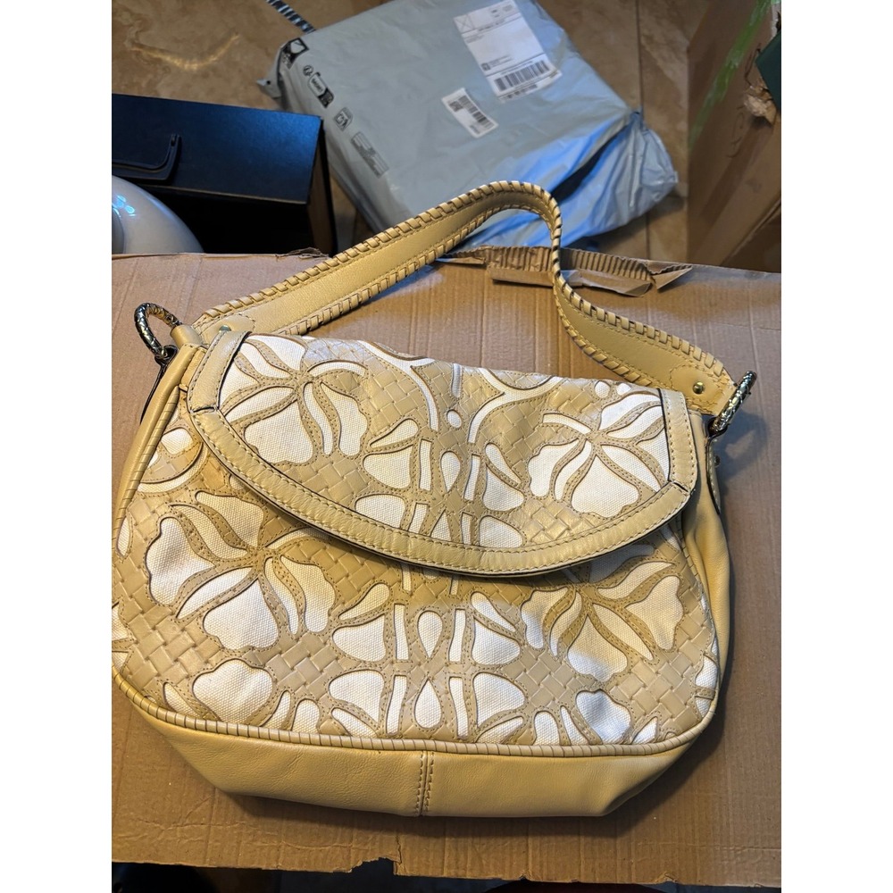Antonio Melani Leather Floral, Cut Out, Canvas Cream Tan  Shoulder Bag